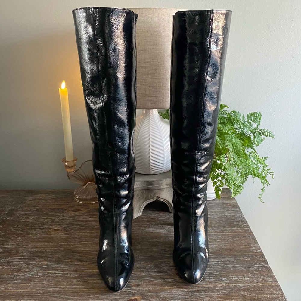 Salvatore Ferragamo Black Patent Leather Knee High Length Tall Boots Womens 9 B